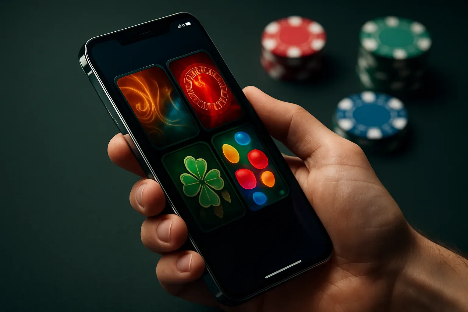 Flagship Android smartphone displaying vivid casino app interface in dramatic lighting