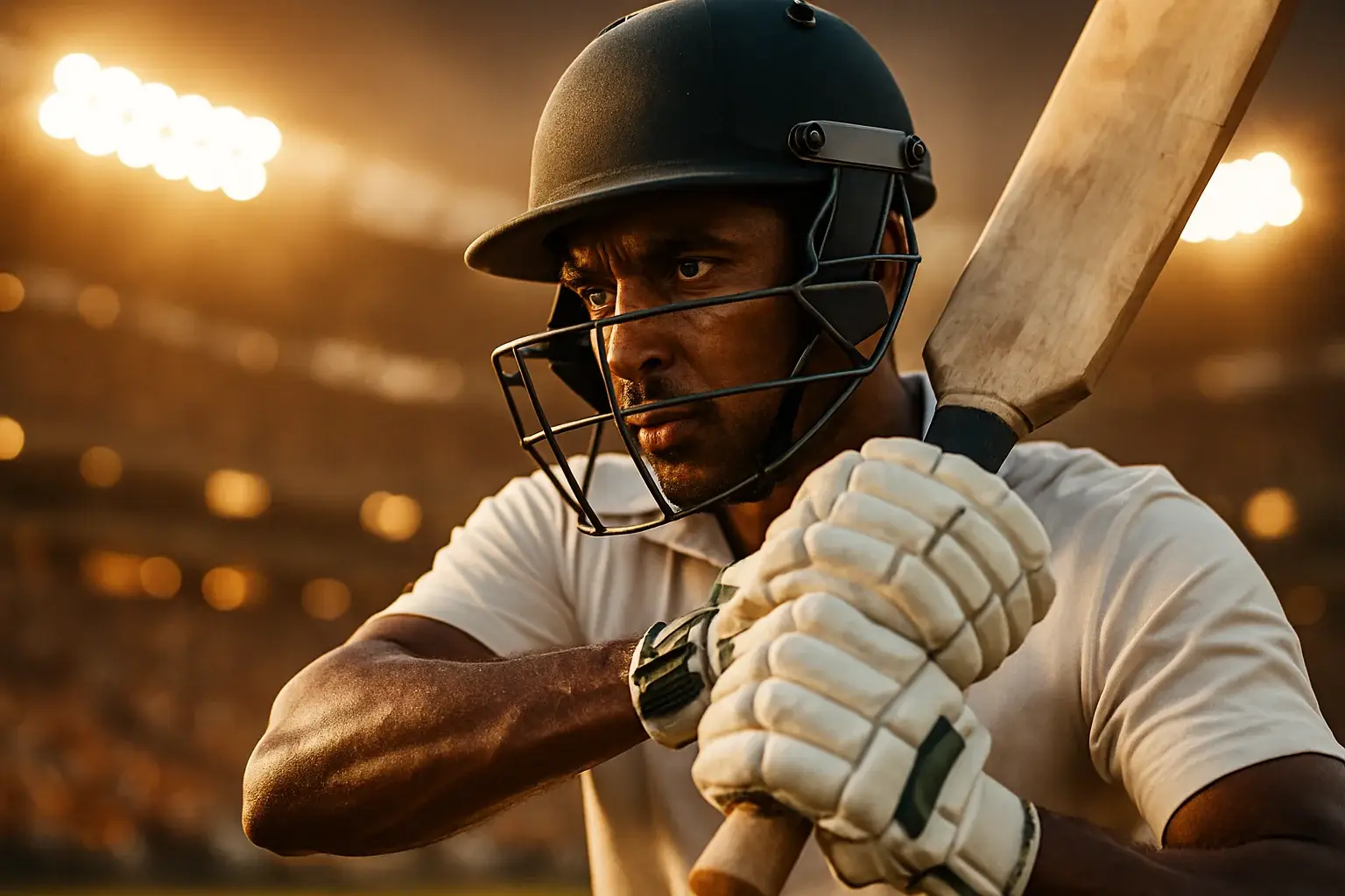 Bangladeshi male cricket batsman mid-swing under dramatic stadium floodlights
