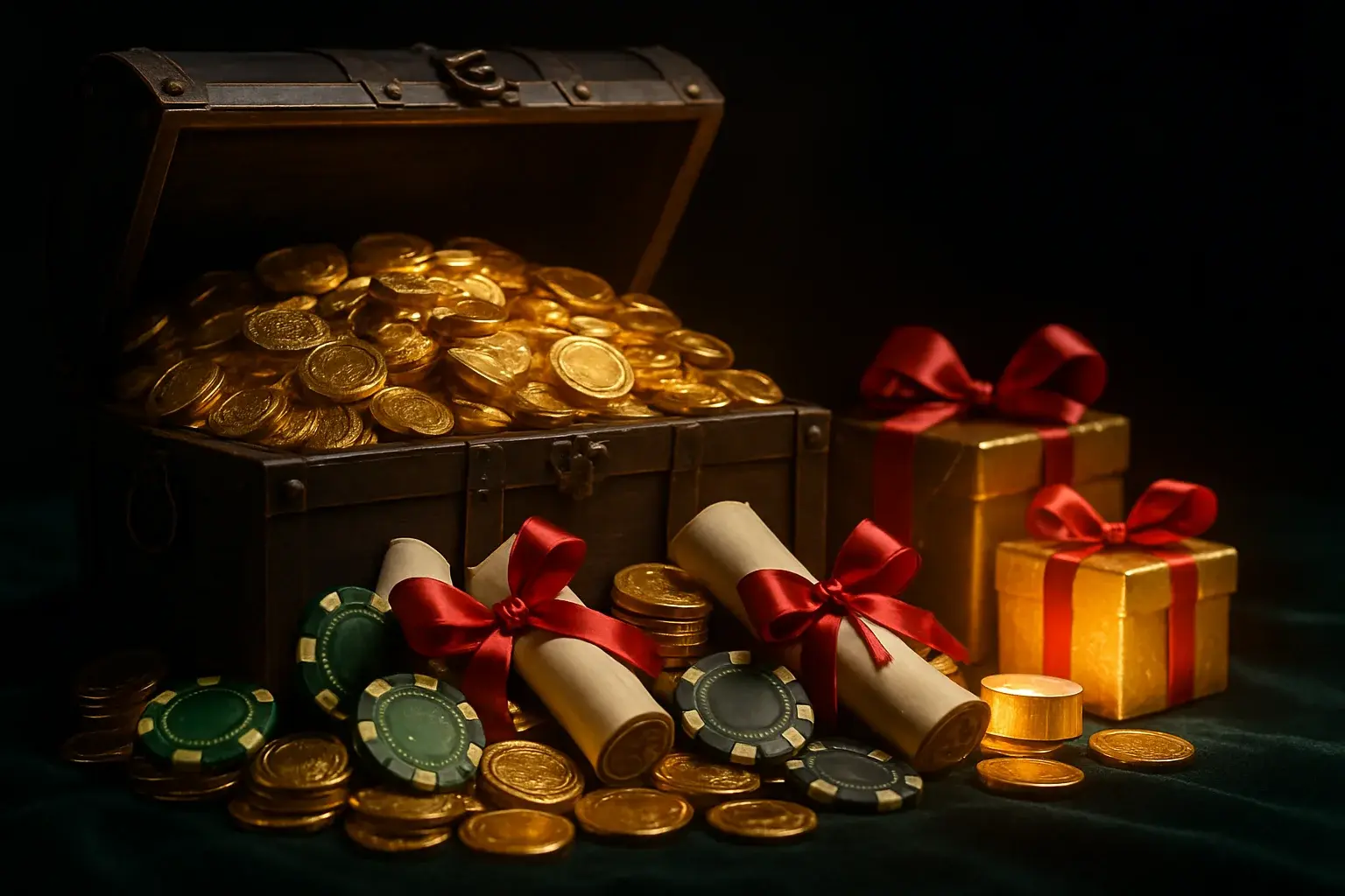 Overflowing treasure chest with gold coins, casino chips, vouchers, and gift boxes