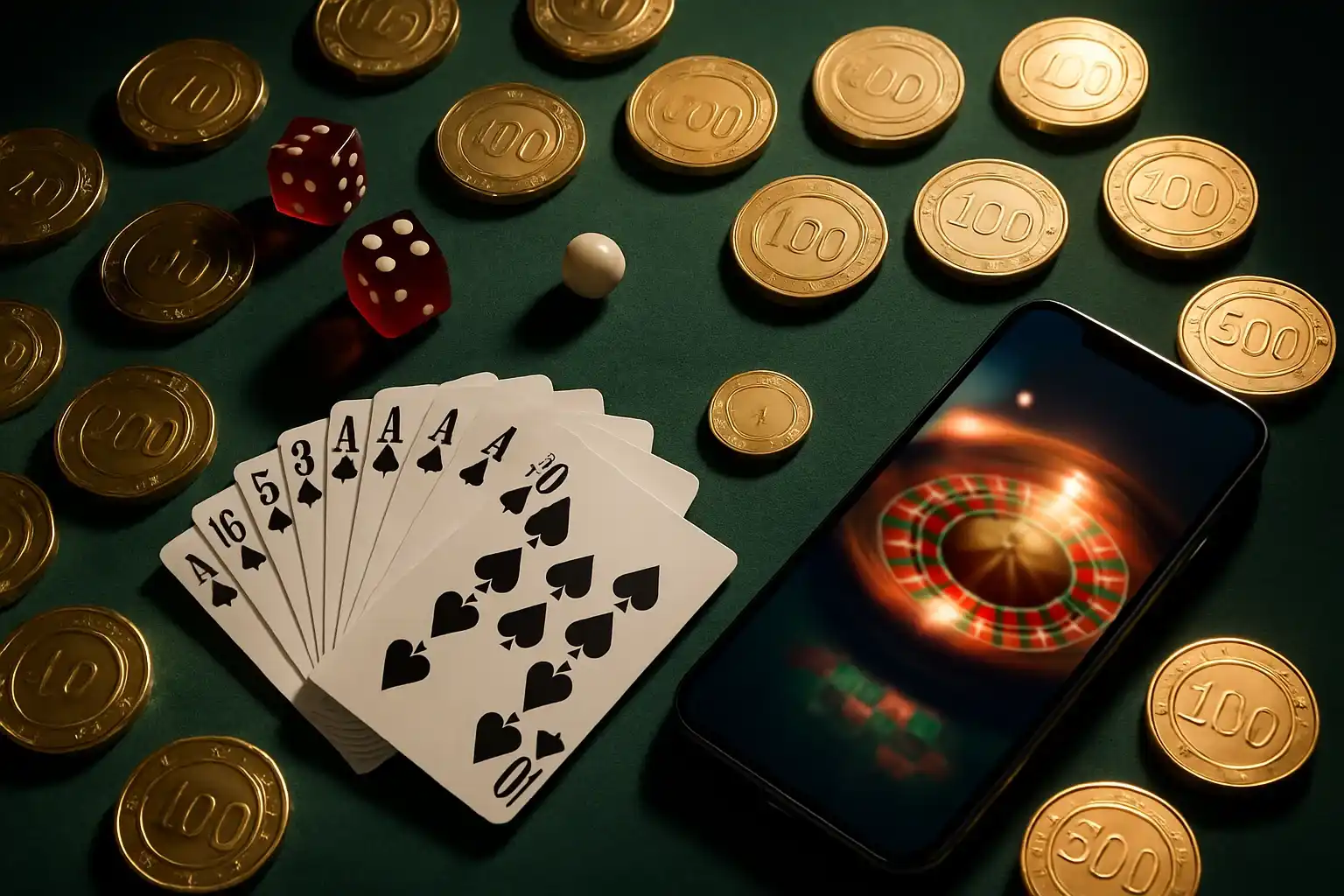 Top-down casino table with gold chips, cards, dice, roulette ball, smartphone