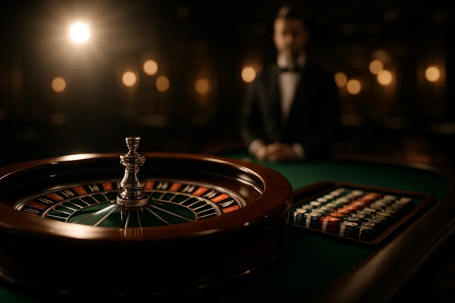 Premium live casino studio with empty roulette table and dramatic lighting