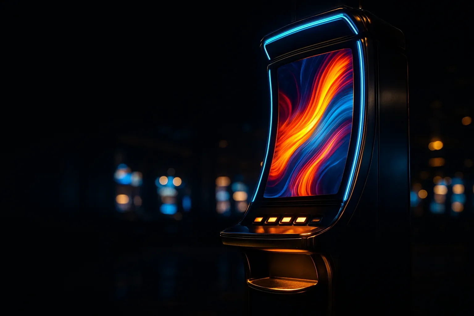 Hyperrealistic premium slot machine glowing in dark luxury casino floor